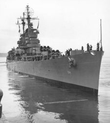Black and white photo of the USS Atlanta CL 104 at see, representing both the oceans the USS Atlanta CL 104 traveled and the asbestos exposure of those who worked on or around her and their families, all of whom may be entitled to compensation for resulting asbestos-related illnesses.
