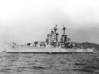 Image of the USS Astoria (CL-90) underway, representing exposure to asbestos on the USS Astoria and how the mesothelioma lawyers at Nemeroff Law Firm can answer your questions and protect your legal rights.