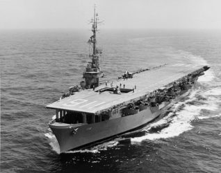Image of USS Badoeng Strait (CVE-116), showing how CVE-116 and asbestos are connected: those who built, served, or worked on the ship were very likely exposed to asbestos and could use the help of the asbestos lawyers at Nemeroff Law Firm to protect their rights.