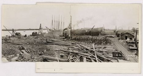 Image of Alabama Dry Dock and Shipping Company launching ways under construction, representing the workers who may have contracted mesothelioma from Alabama Dry Dock.