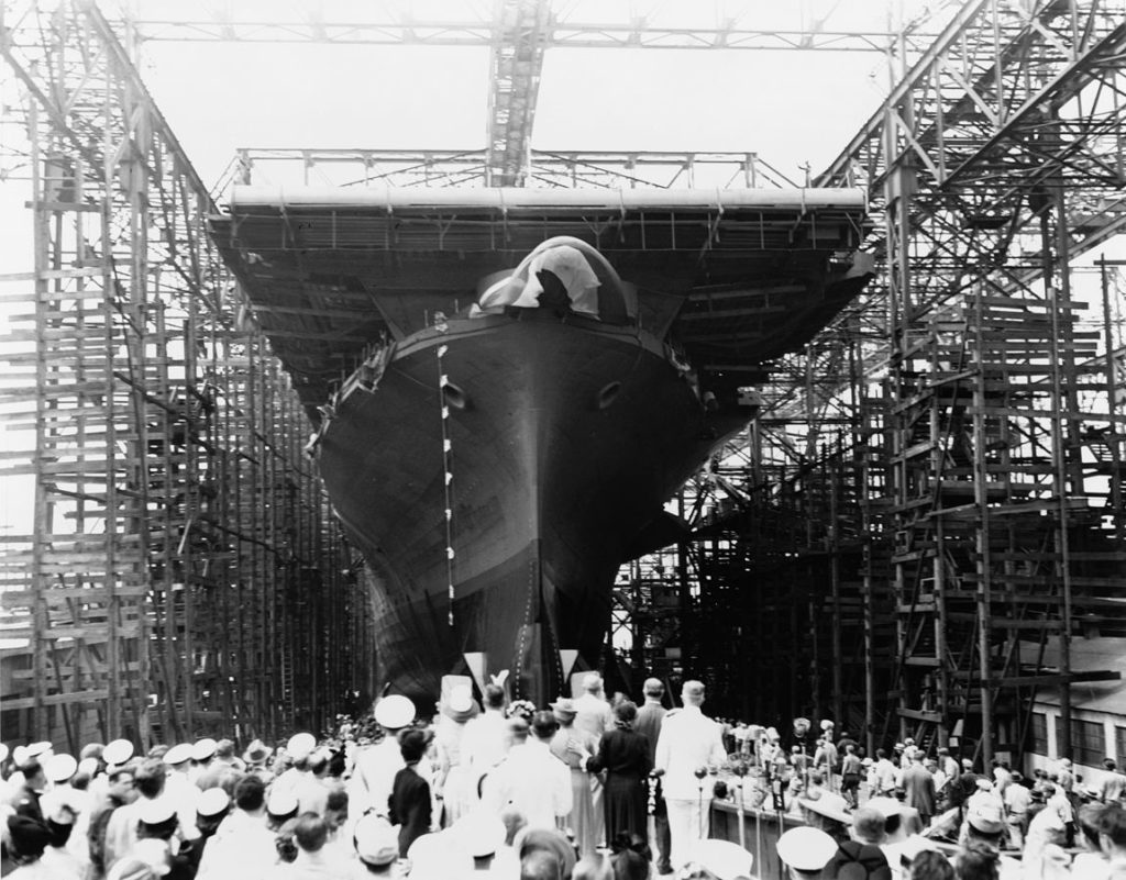 Image of the USS Hornet (CV-21) under construction, representing the many crew members and other workers who were exposed to asbestos on the USS Hornet and other ships and how the national mesothelioma lawyers at Nemeroff Law Firm can help protect the rights of those afflicted with asbestos-related diseases as a result of exposure on the ship.